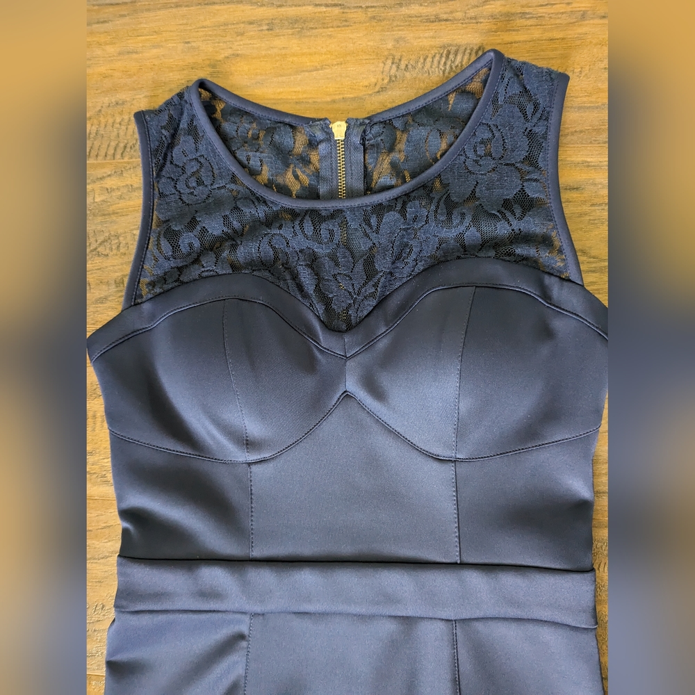 XOXO Navy Blue Dress, high stretch, embroidery, double lining, classic
